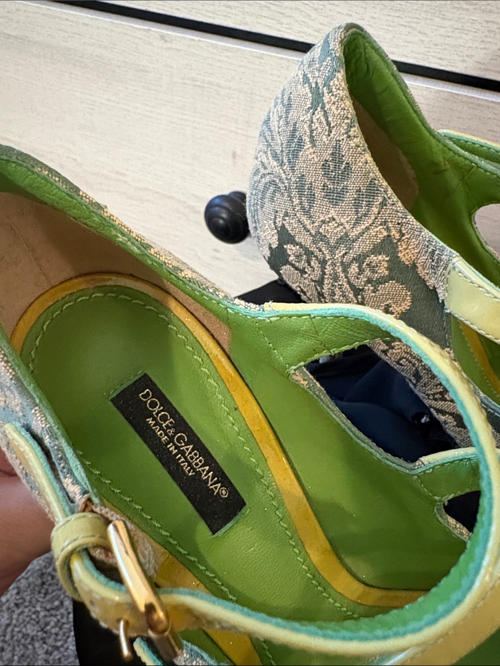 Dolce Gabbana Green Brocade Embroidered Mary Jane Heels with Lime Straps - Picture 4 of 5